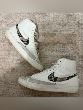 Nike White High-Top Sneakers with Snake-Print Swoosh